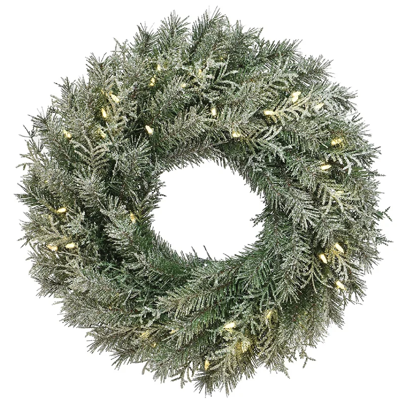 24 in. Pre-Lit Snowy Stonington Fir Wreath with LED Lights