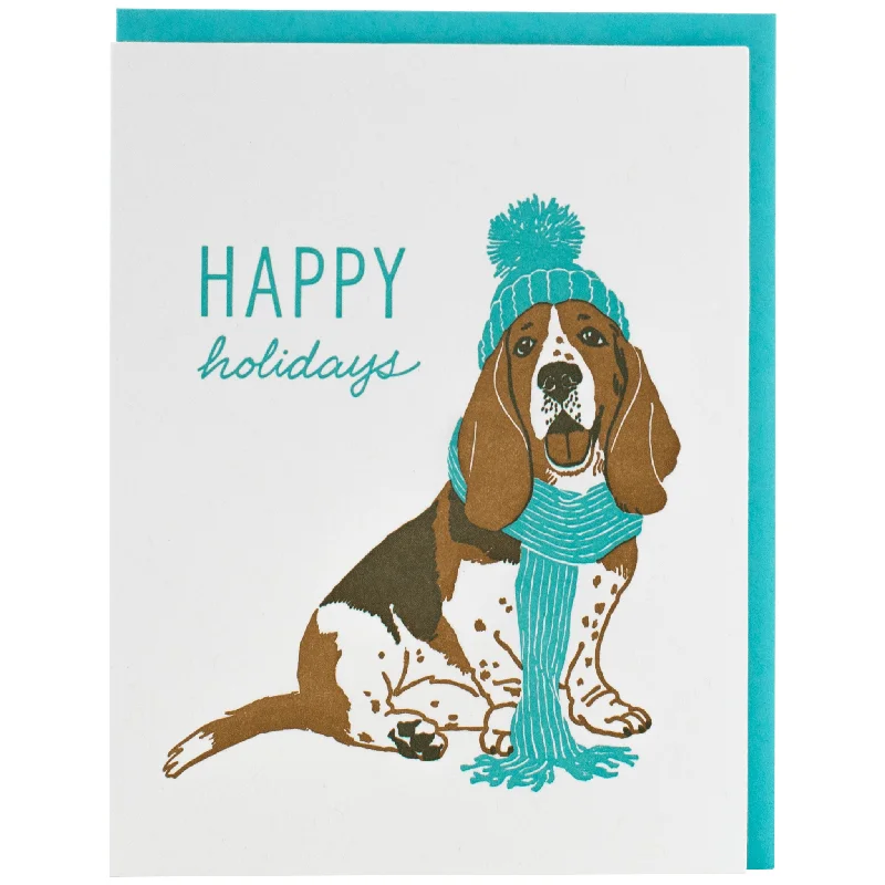 Bundled Up Basset Hound Holiday Card