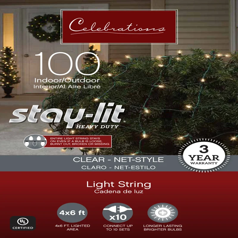 Celebrations Stay-lit Incandescent Mini Clear 100 ct Net Christmas Lights 6 ft.