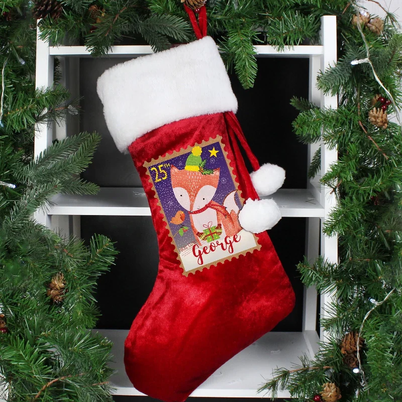 Personalised Festive Fox Luxury Red Stocking