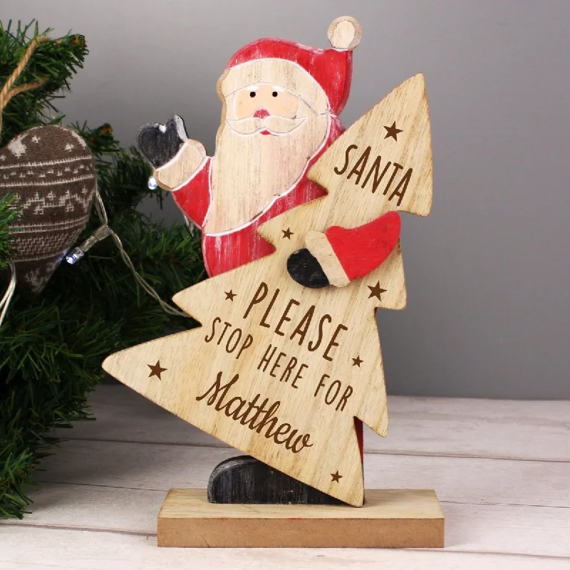 Personalised Santa Stop Here Wooden Santa Decoration