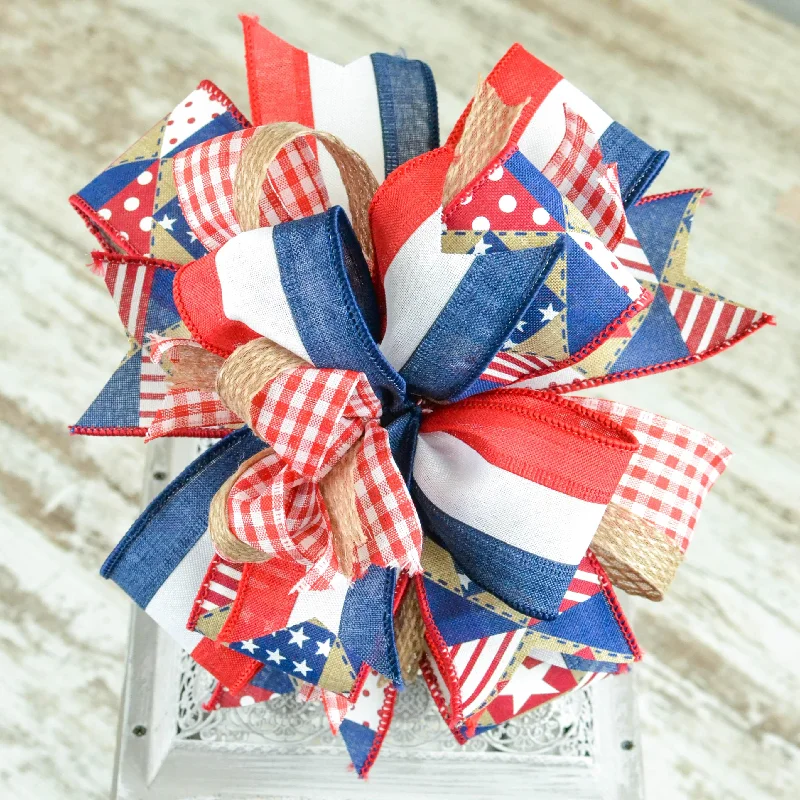 4th of July Lantern Wreath Bow - Gingham Red White Blue