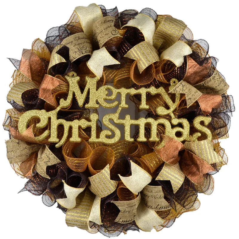 Christmas Mesh Outdoor Front Door Wreath | Brown Gold Ivory