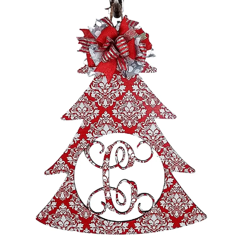 Christmas Tree Door Hanger, Birch Wood Holiday Decor, Monogrammed Red and Silver Ornament