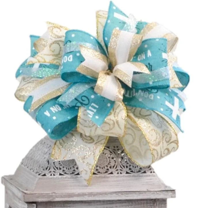 Easter Cross Aqua Gold Lantern Wreath Bow - Burlap Wreath Embellishment for Making Your Own - Layered Full Handmade Farmhouse Already Made (Jesus Cross (Aqua/White/Champagne Gold))