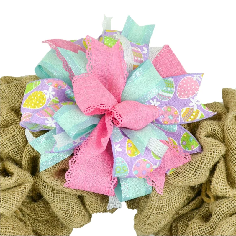 Lantern Wreath Bow - Burlap Wreath Embellishment for Making Your Own - Layered Full Handmade Farmhouse Already Made (Easter (Pink/Mint),