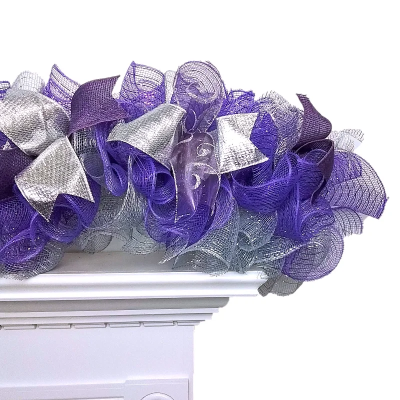 Non-traditional Christmas Mantle Garland, Purple and Silver Mesh Decor, Versatile Indoor/Outdoor Decoration