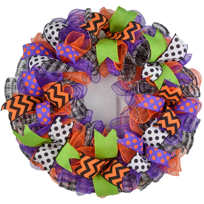 Halloween Wreaths | Deco Mesh Outdoor Front Door Wreath; Black White Purple Orange Lime Green : H2