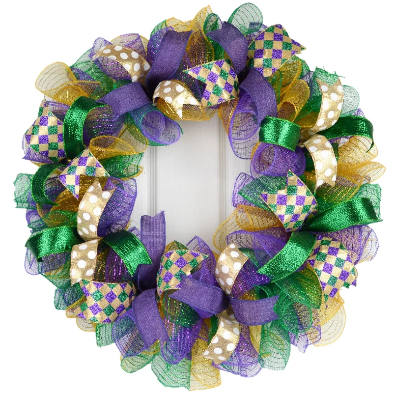 Mardi Gras Fat Tuesday Mesh Door Wreath | Purple Emerald Green Gold