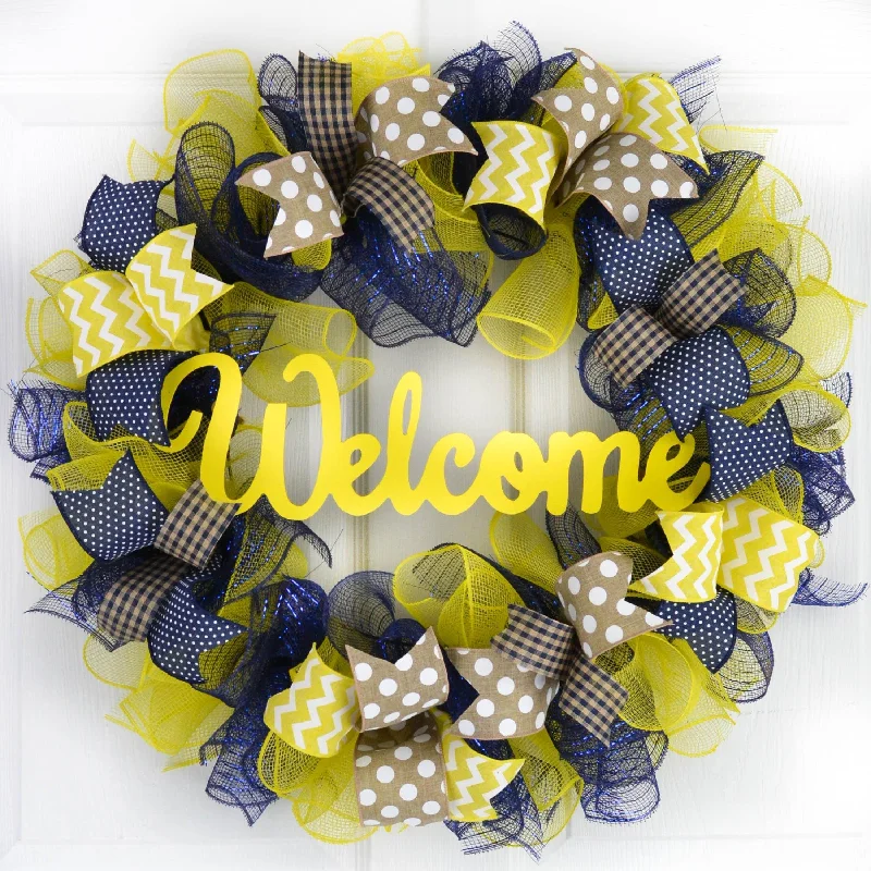 Navy Blue Yellow Everyday Welcome Mesh Door Wreath | Spring Summer Decor