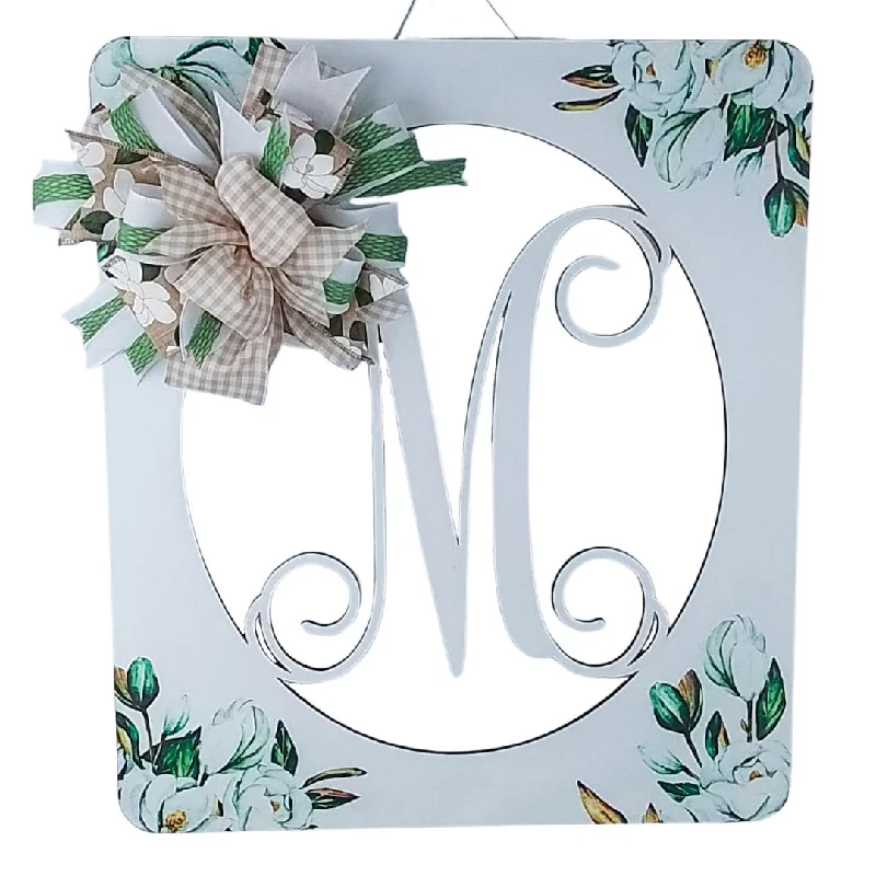 Personalized Door Hanger, Magnolia Monogram Decor, Customizable Floral Wreath