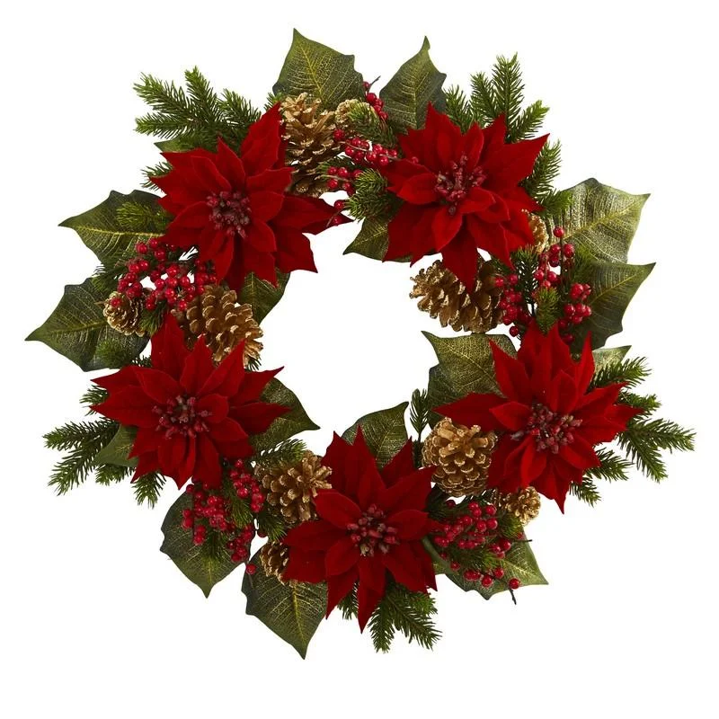 24"  Poinsettia, Berry and Golden Pine Cone Artificial Wreath