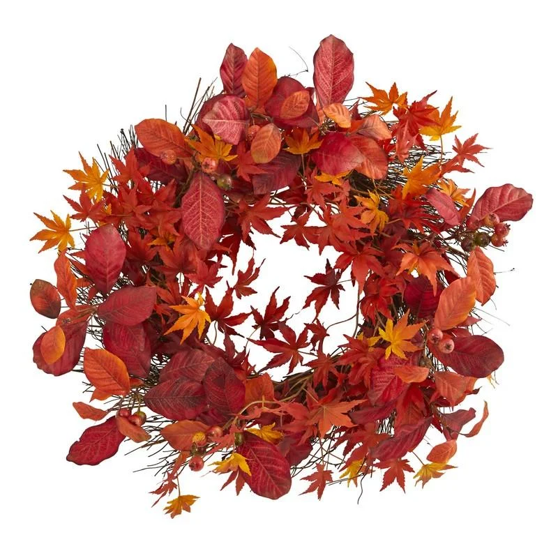 22"  Japanese Maple, Magnolia Leaf and Berries Artificial Wreath