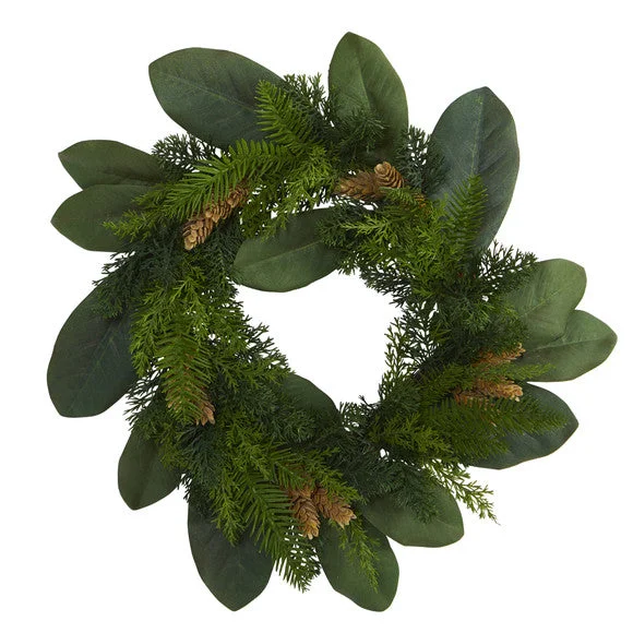 16" Magnolia Leaf and Mixed Pine Artificial Wreath with Pine Cones