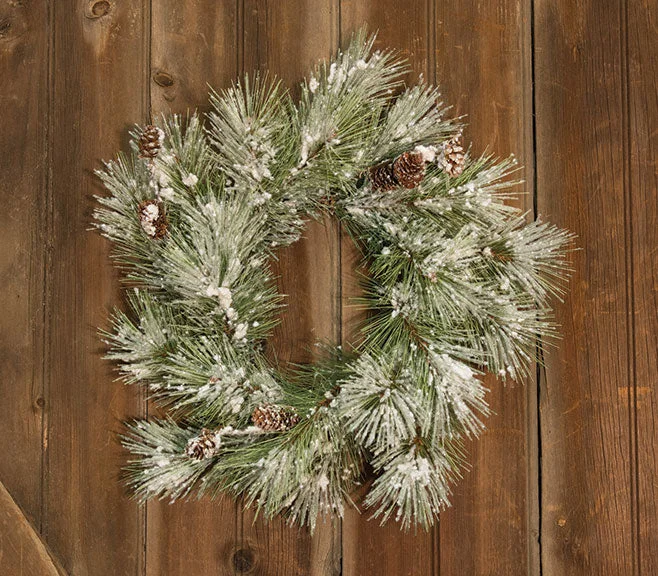 Flocked Pine Wreath w/Pinecones 18"