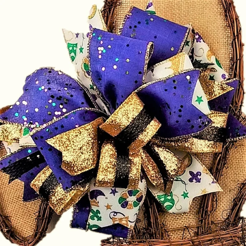 Purple Green Gold Fat Tuesday Lantern Wreath Bow - Burlap Wreath Embellishment for Making Your Own - Layered Full Handmade Farmhouse Already Made (Mardi Gras