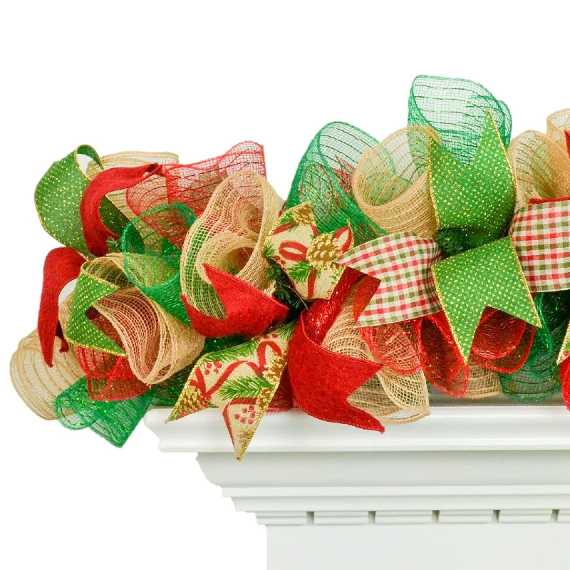 Red Burlap Rustic Christmas Garland for Staircase or Mantle - Mantel Decor - Jute Emerald Green