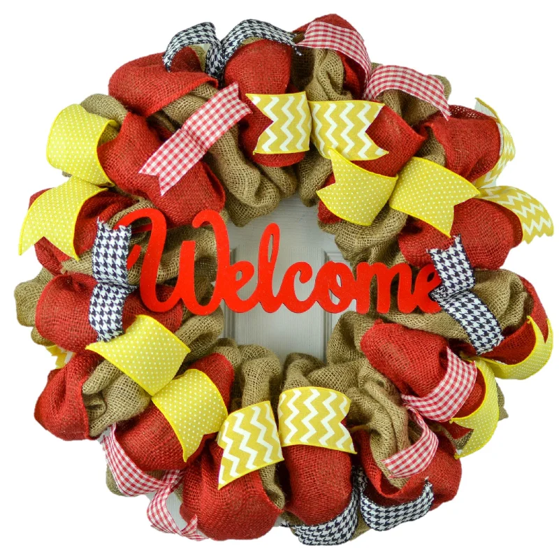 Front Door Wreath Red, Yellow Burlap