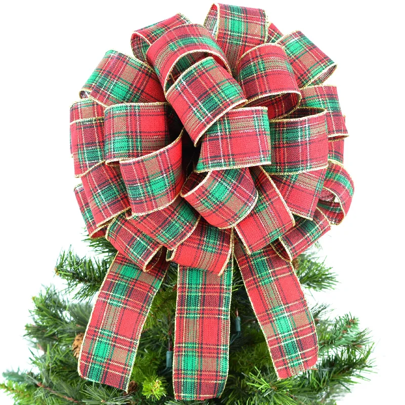 Tartan Plaid Red Green Gold Bow Tree Topper - Christmas Tree Bow