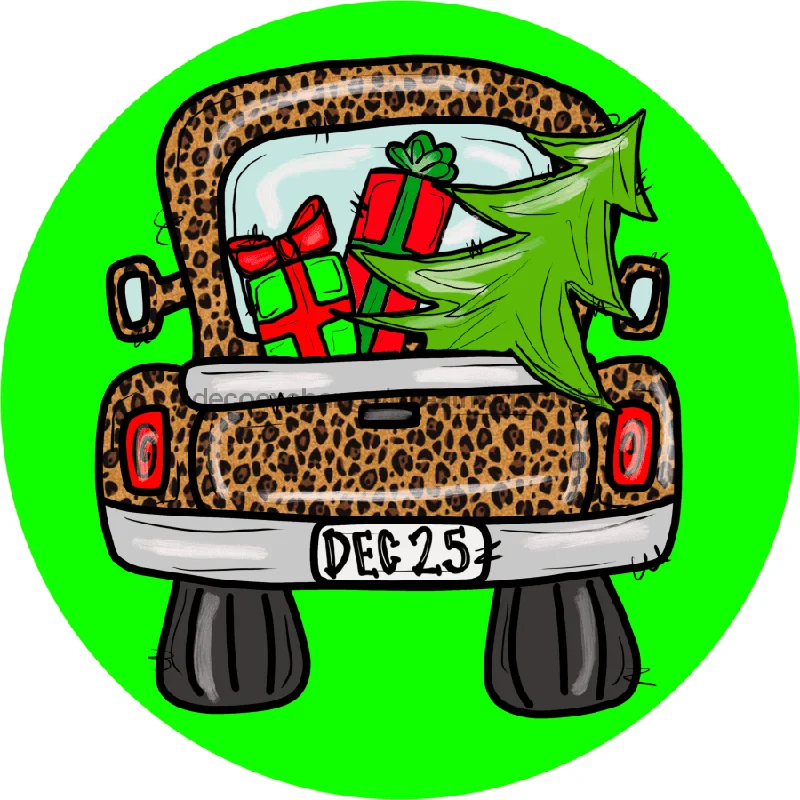 Wreath Sign, Leopard Christmas Truck, Metal Sign, DECOE-698, Sign For Wreath, 11.75" Metal Sign