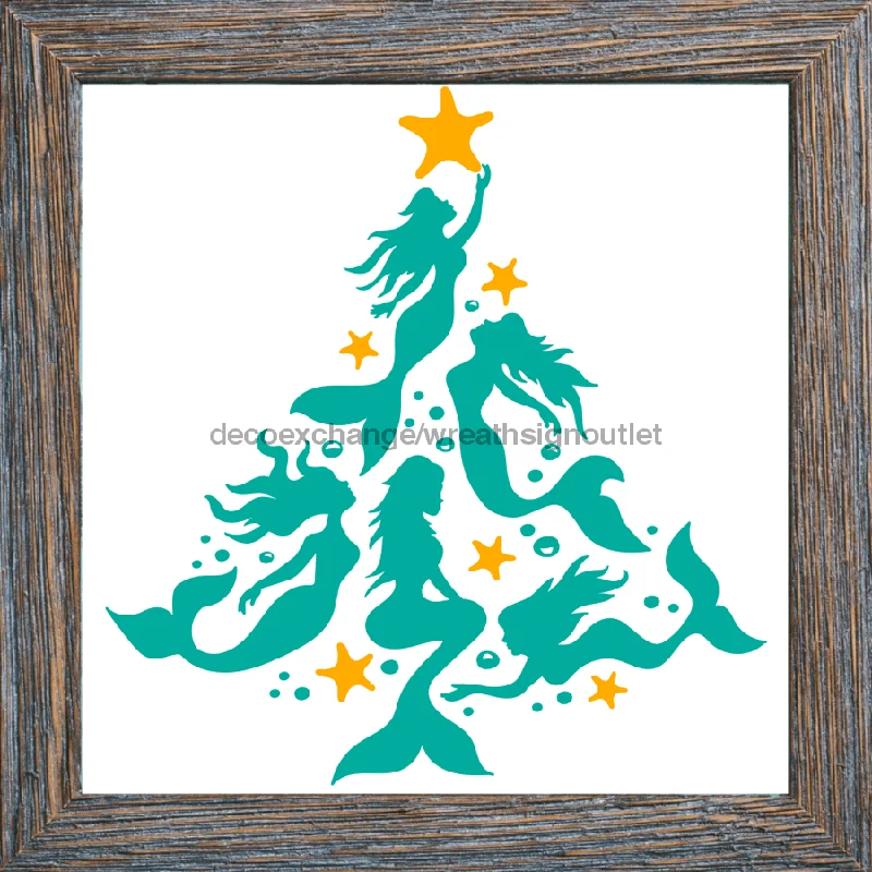 Wreath Sign, Mermaid Tree, Beach Christmas Sign, 10"x10" Metal Sign, DECOE-972, Sign For Wreath, 10x10" Metal Sign