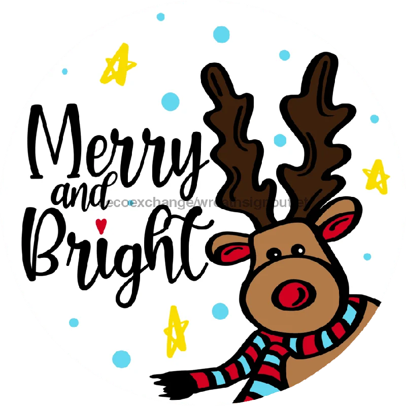 Wreath Sign, Reindeer Sign, Merry and Bright, Christmas Sign, 10" Round, Metal Sign, DECOE-757, Sign For Wreath, 10" Metal Sign