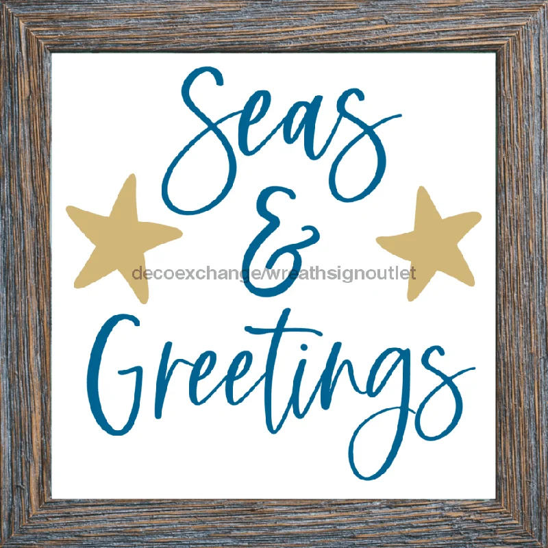 Wreath Sign, Seas and Greetings, Beach Christmas Sign, 10"x10" Metal Sign, DECOE-974, Sign For Wreath, 10x10" Metal Sign