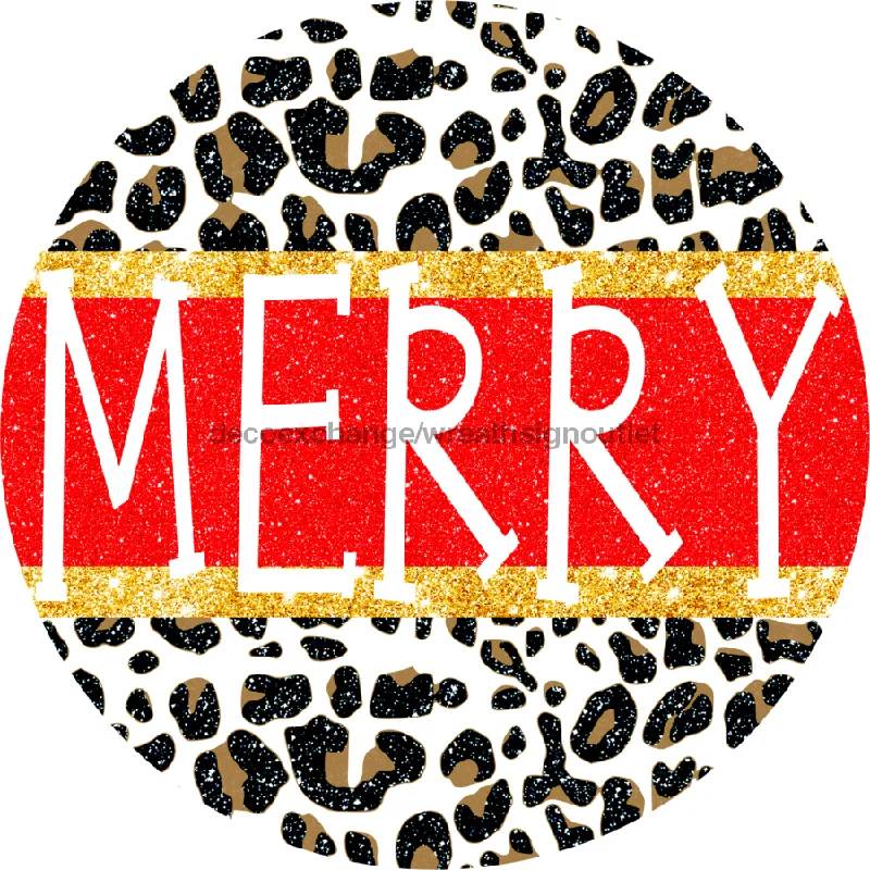 Wreath Sign, Snow Leopard, Merry Christmas Sign, Metal Sign, DECOE-768, Sign For Wreath, 11.75" Metal Sign