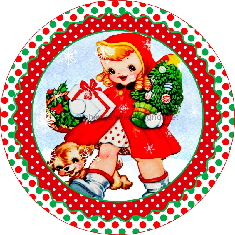 Wreath Sign, Vintage Christmas Sign, Christmas Girl, Metal Sign, DECOE-752, Sign For Wreath, 11.75" Metal Sign